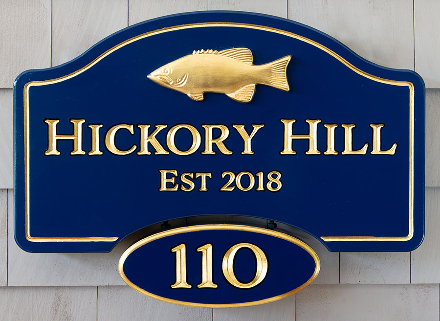 Name and address sign combination, gilded with 23k gold leaf and featuring a carved fish, also gilded with gold leaf
