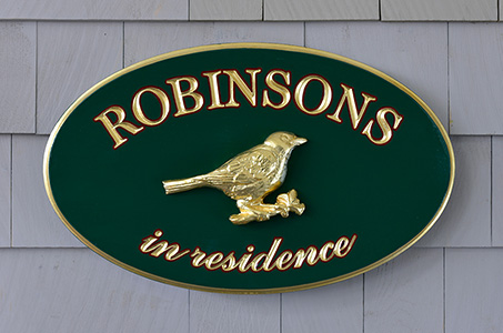 in residence home sign with hand carved robin gilded in 23k gold